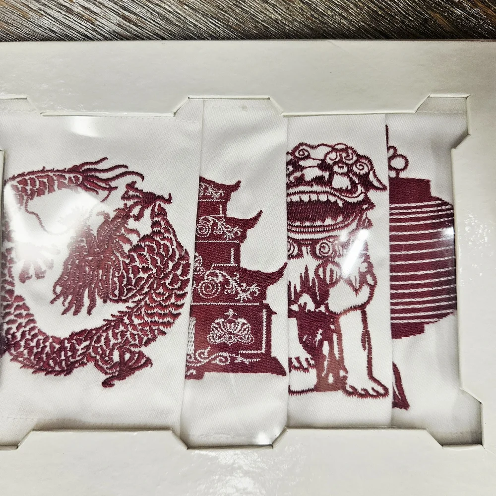 NIB NWT Z Gallerie Dark Red Embroidered Fabric Chinoiserie Coasters Set of 4